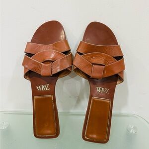 Zara FLAT CROSSED LEATHER Sandals Brown Size‎ 8,5 (EU 39)